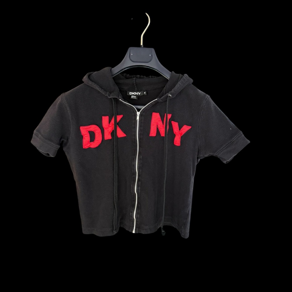 DKNY Y2K Short Sleeve Zip Up Hoodie Black Waffle Knit Sz M